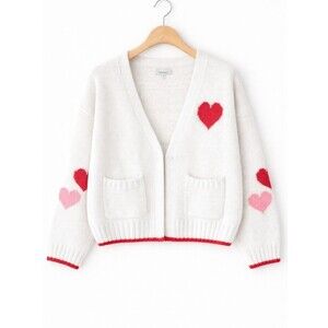 Francesca's Kawaii White Knit Open Front Cropped Cardigan Red Pink Heart Sweater